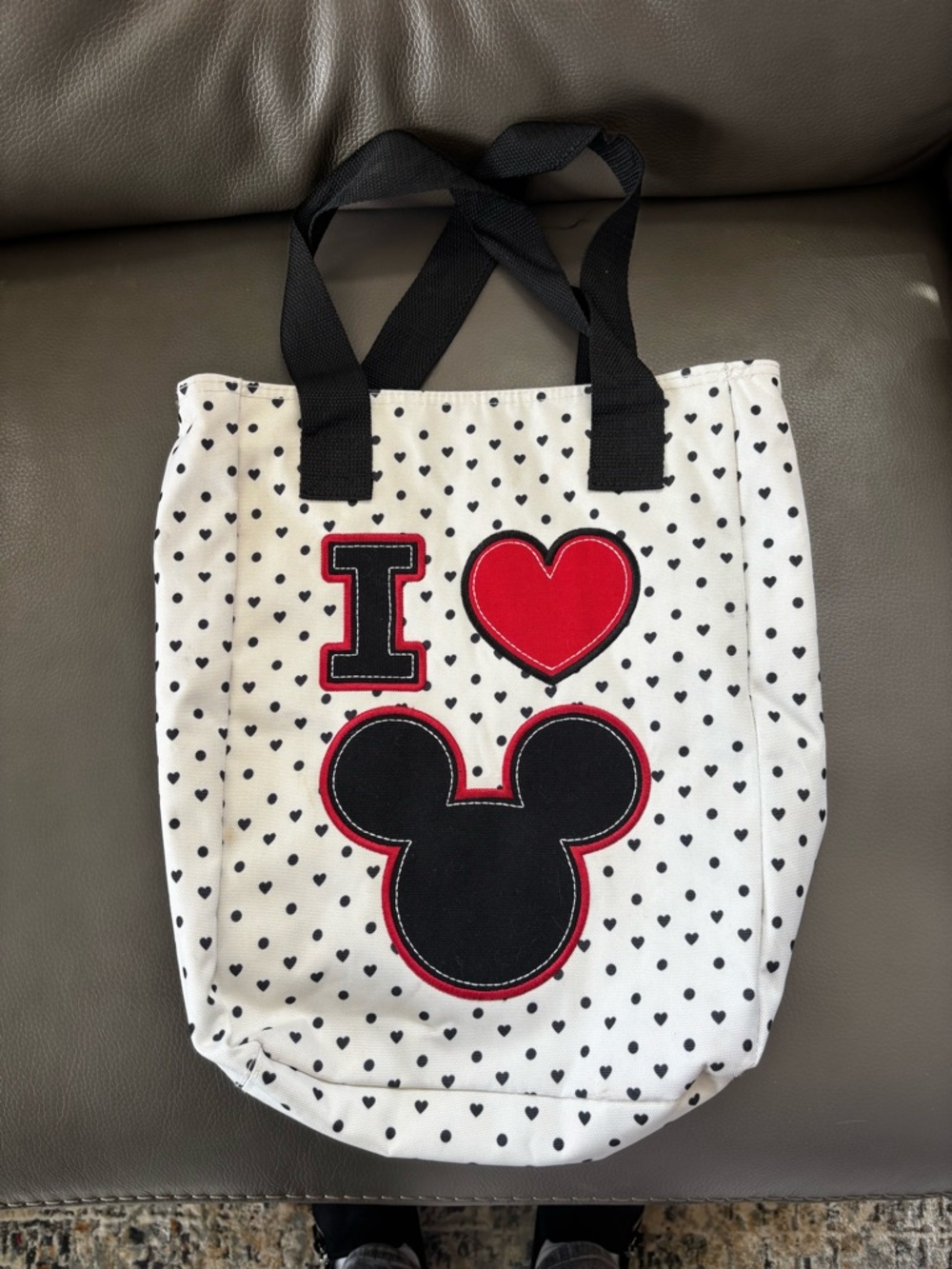 White Heart Print Tote with Red & Black Appliqué I LOVE DISNEY!